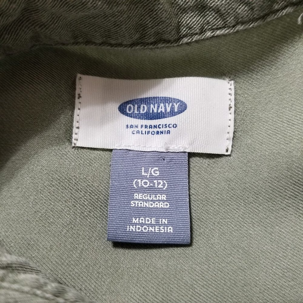 Old Navy top Large 10/12 utility button up twill side split pockets Money Maker - Picture 14 of 15
